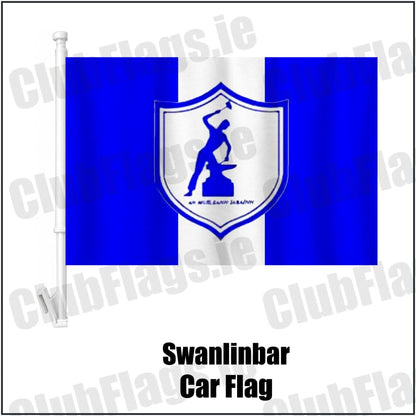 Swanlinbar Car Flag in blue and white, featuring the club crest on realistic fabric with gentle vertical folds; County Cavan GAA. ClubFlags.ie.
