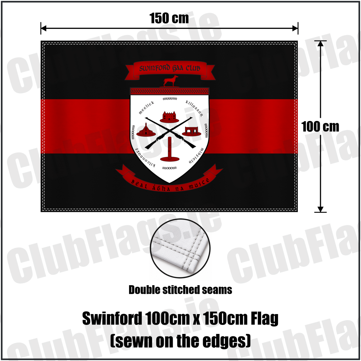 Swinford 100cm x 150cm Flag (sewn on the edges), featuring the club crest and black and red colours; County Mayo GAA. ClubFlags.ie.