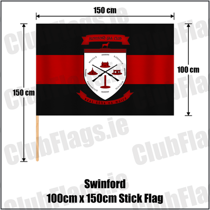 Swinford 100cm x 150cm Stick Flag, featuring the club crest and black and red colours; County Mayo GAA. ClubFlags.ie.