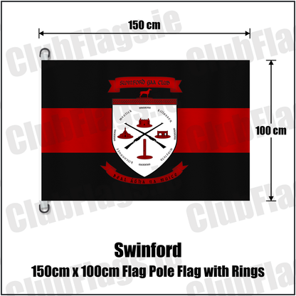 Swinford 150cm x 100cm Flag Pole Flag with Rings, featuring the club crest and black and red colours; County Mayo GAA. ClubFlags.ie.