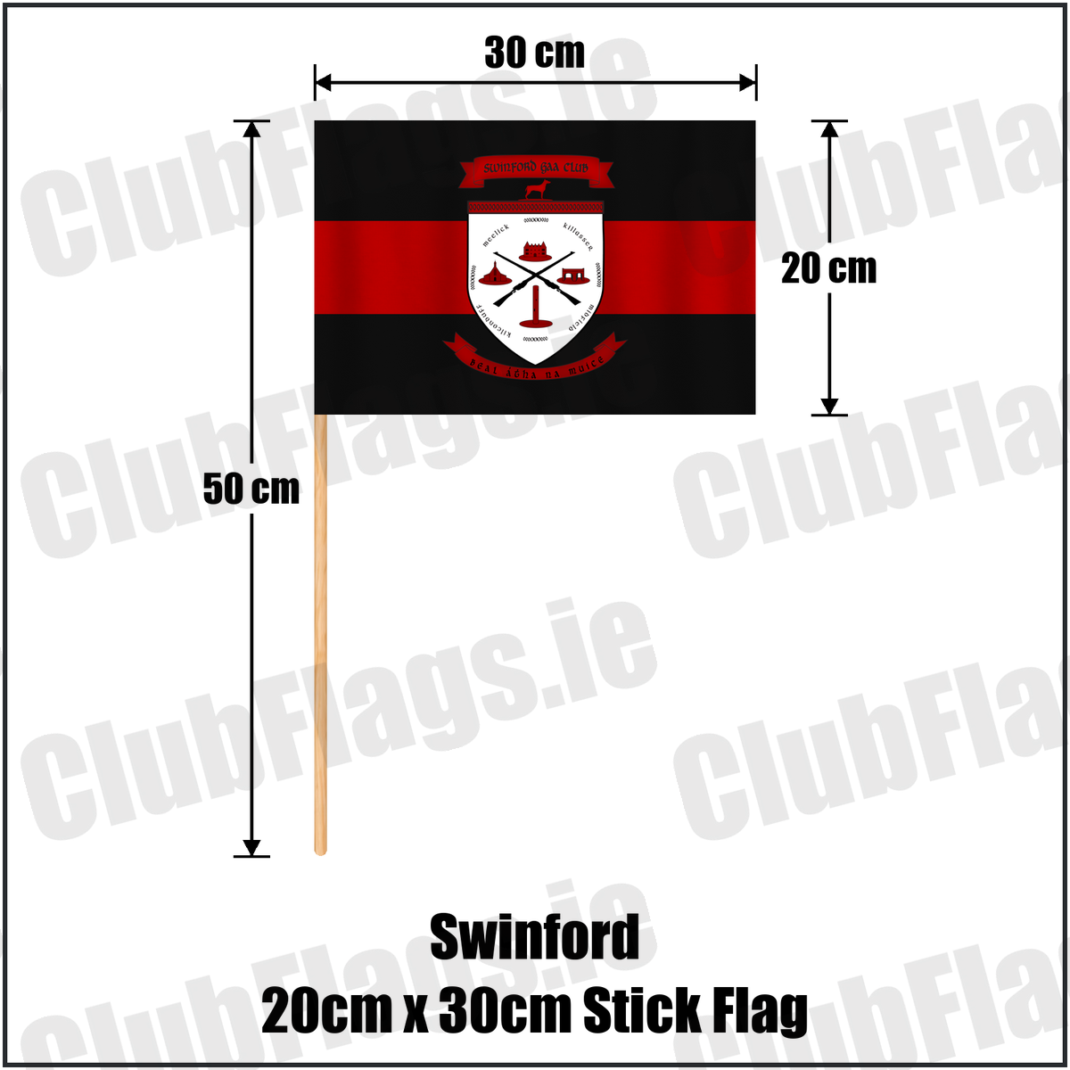 Swinford 20cm x 30cm Stick Flag, featuring the club crest and black and red colours; County Mayo GAA. ClubFlags.ie.