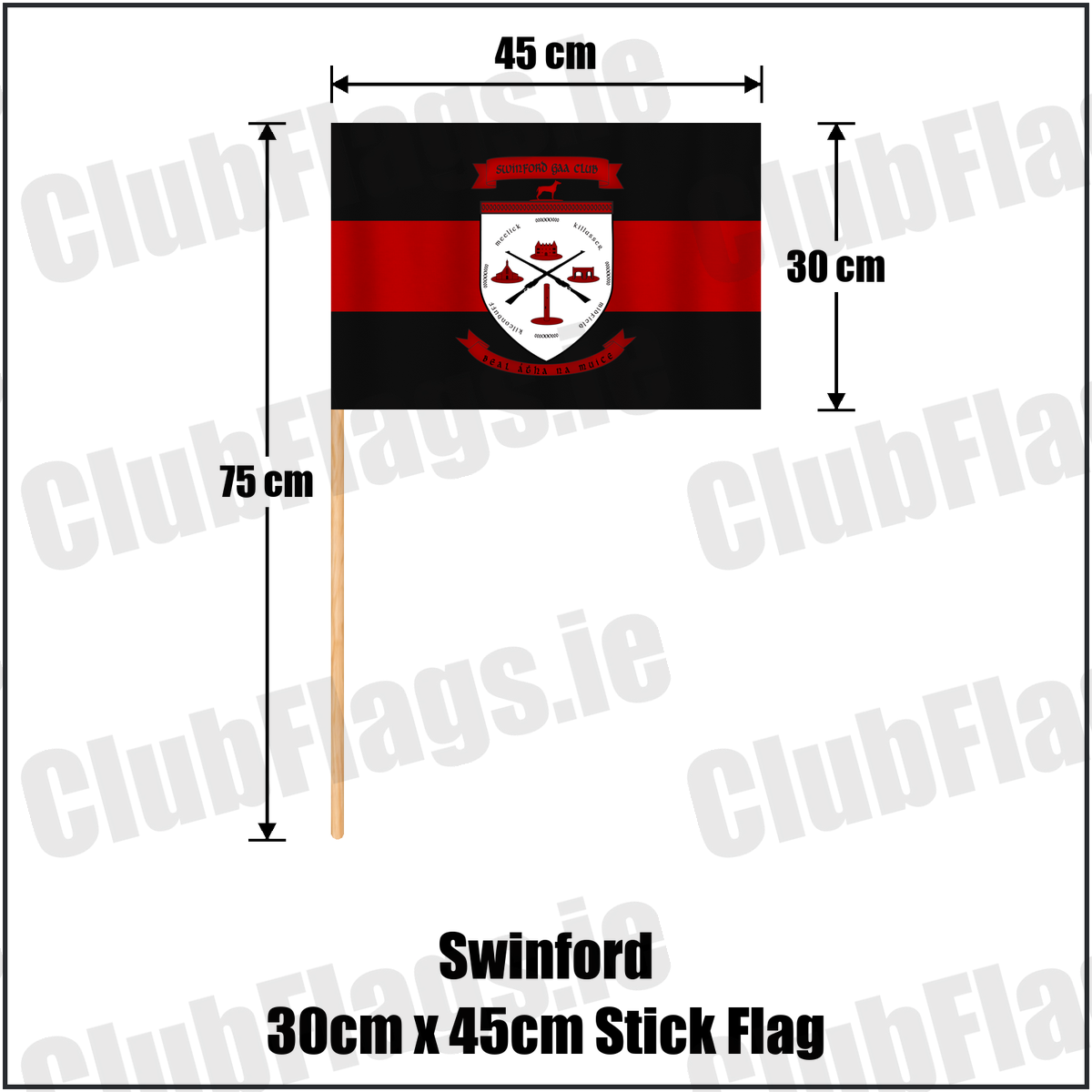 Swinford 30cm x 45cm Stick Flag, featuring the club crest and black and red colours; County Mayo GAA. ClubFlags.ie.
