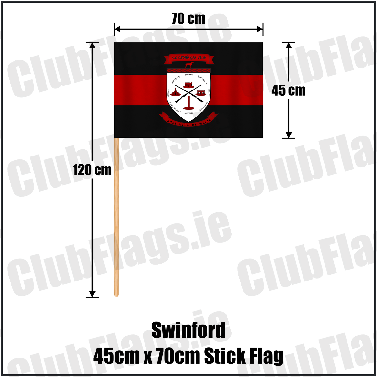 Swinford 45cm x 70cm Stick Flag, featuring the club crest and black and red colours; County Mayo GAA. ClubFlags.ie.