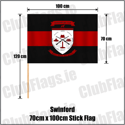 Swinford 70cm x 100cm Stick Flag, featuring the club crest and black and red colours; County Mayo GAA. ClubFlags.ie.