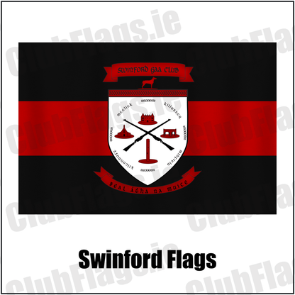 Swinford Flags, featuring the club crest and black and red colours; County Mayo GAA. ClubFlags.ie.