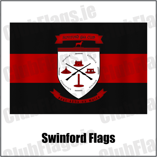Swinford Flags, featuring the club crest and black and red colours; County Mayo GAA. ClubFlags.ie.