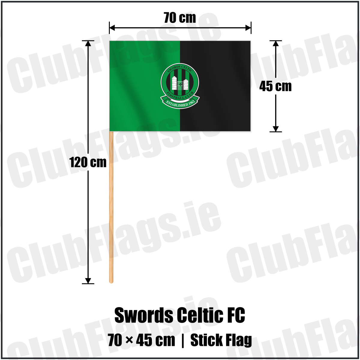 Swords Celtic FC 45cm x 70cm Stick Flag with the club crest and colours, Dublin Football - ClubFlags.ie