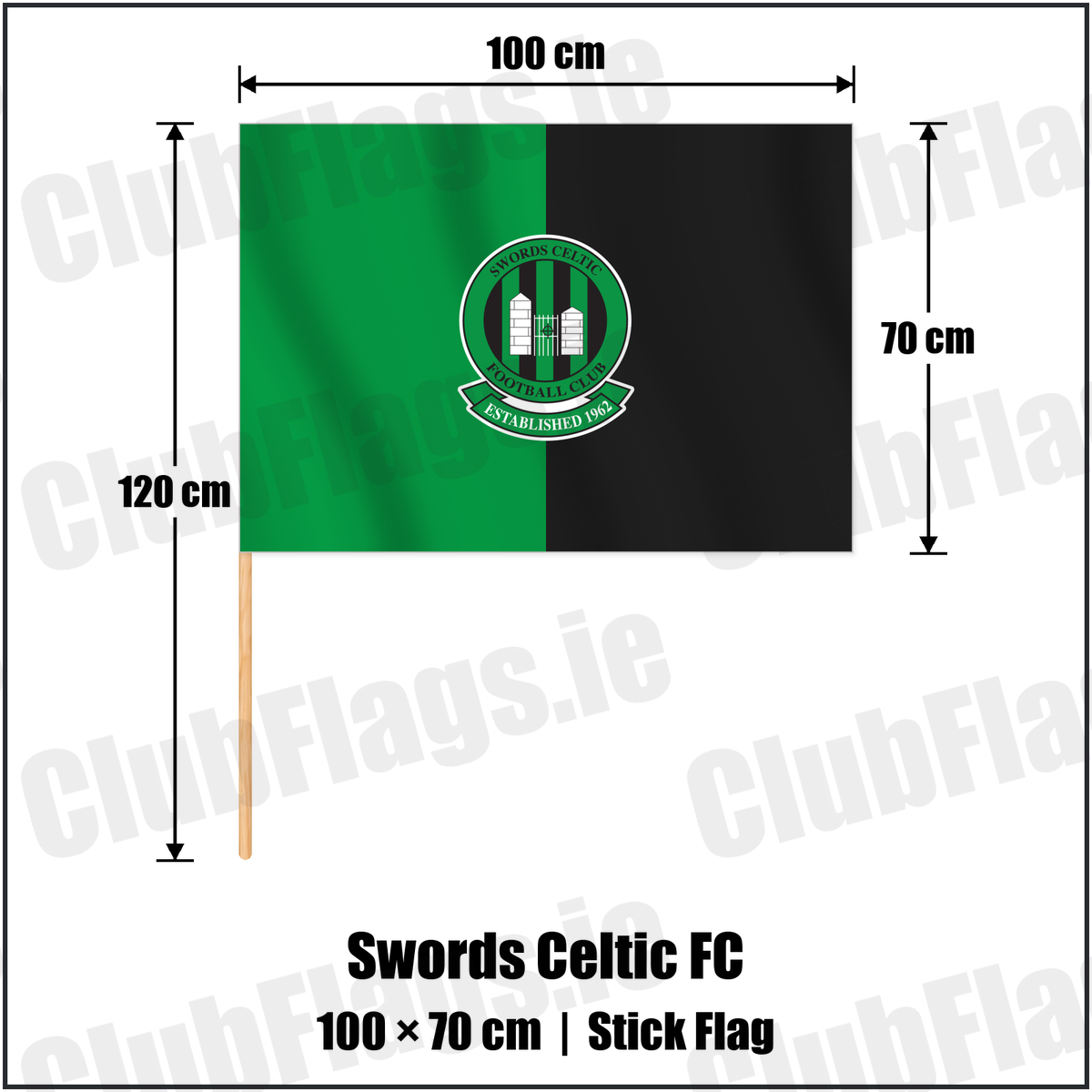 Swords Celtic FC 70cm x 100cm Stick Flag with the club crest and colours, Dublin Football - ClubFlags.ie