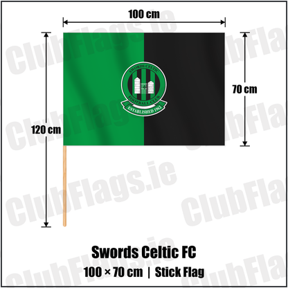Swords Celtic FC 70cm x 100cm Stick Flag with the club crest and colours, Dublin Football - ClubFlags.ie