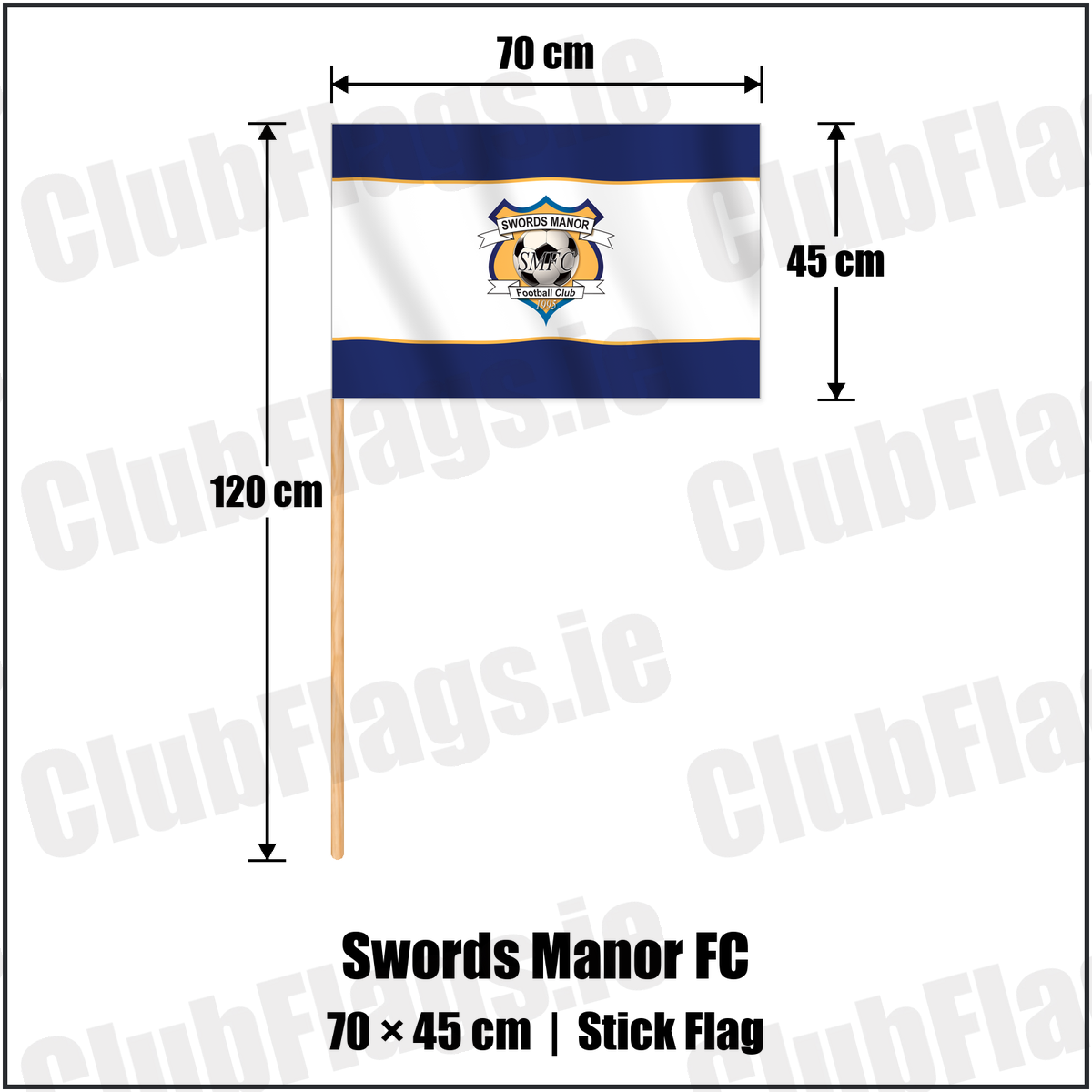 Swords Manor FC 45cm x 70cm Stick Flag with the club crest and colours, Dublin Football - ClubFlags.ie