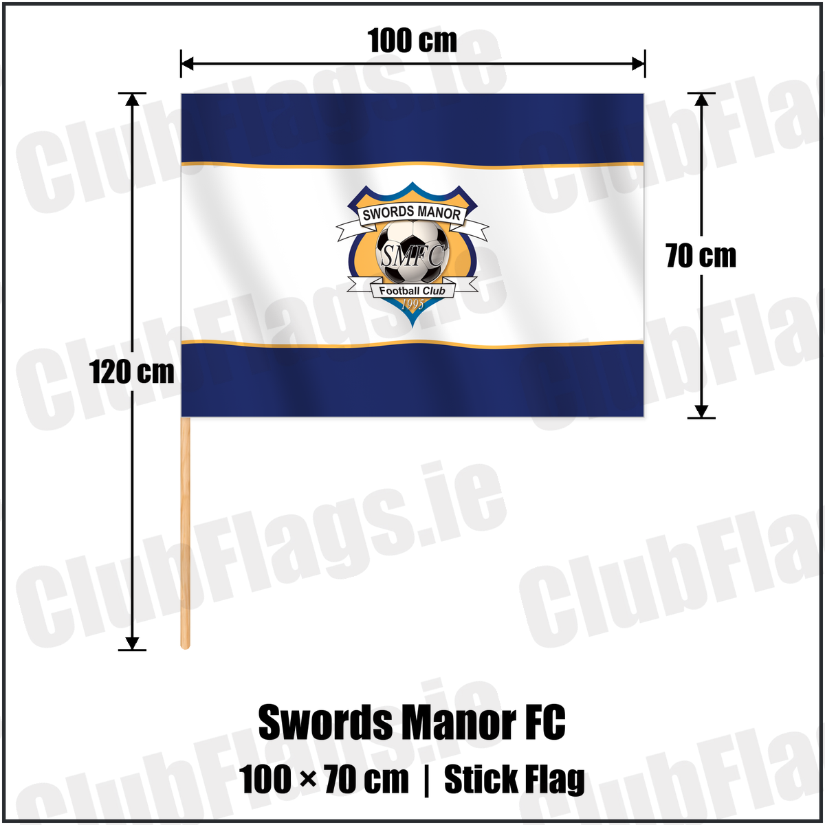 Swords Manor FC 70cm x 100cm Stick Flag with the club crest and colours, Dublin Football - ClubFlags.ie