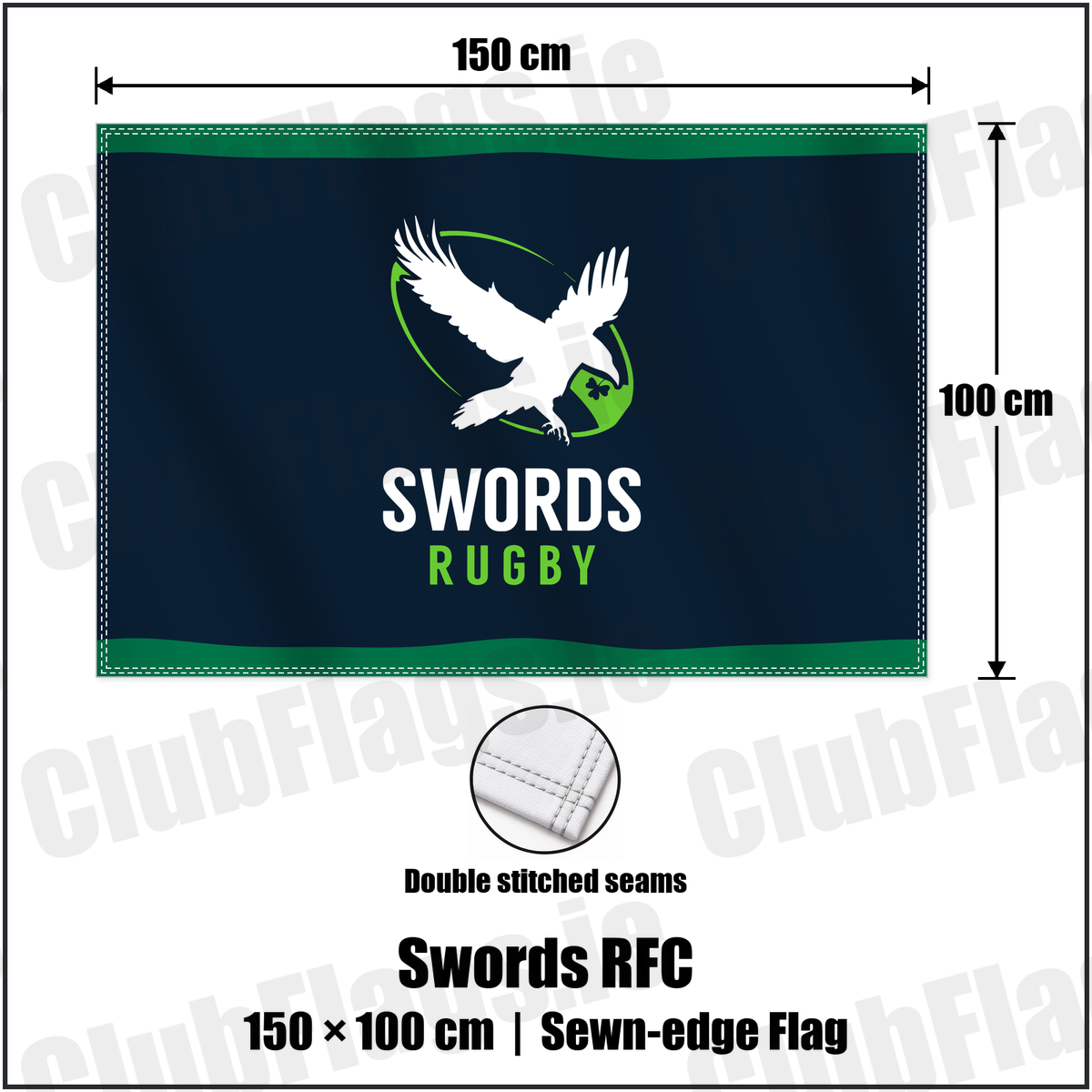 Swords RFC 100cm x 150cm Flag (sewn on the edges) with the club crest and colours, Dublin Rugby - ClubFlags.ie