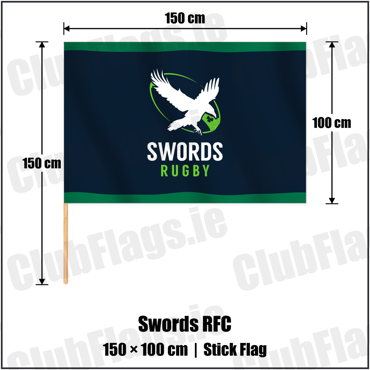 Swords RFC 100cm x 150cm Stick Flag with the club crest and colours, Dublin Rugby - ClubFlags.ie