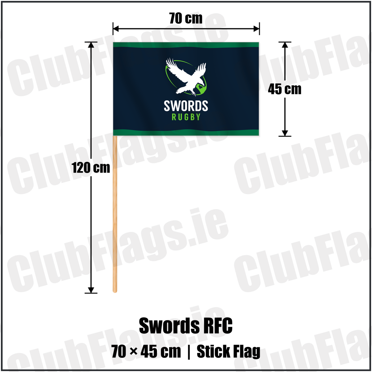 Swords RFC 45cm x 70cm Stick Flag with the club crest and colours, Dublin Rugby - ClubFlags.ie