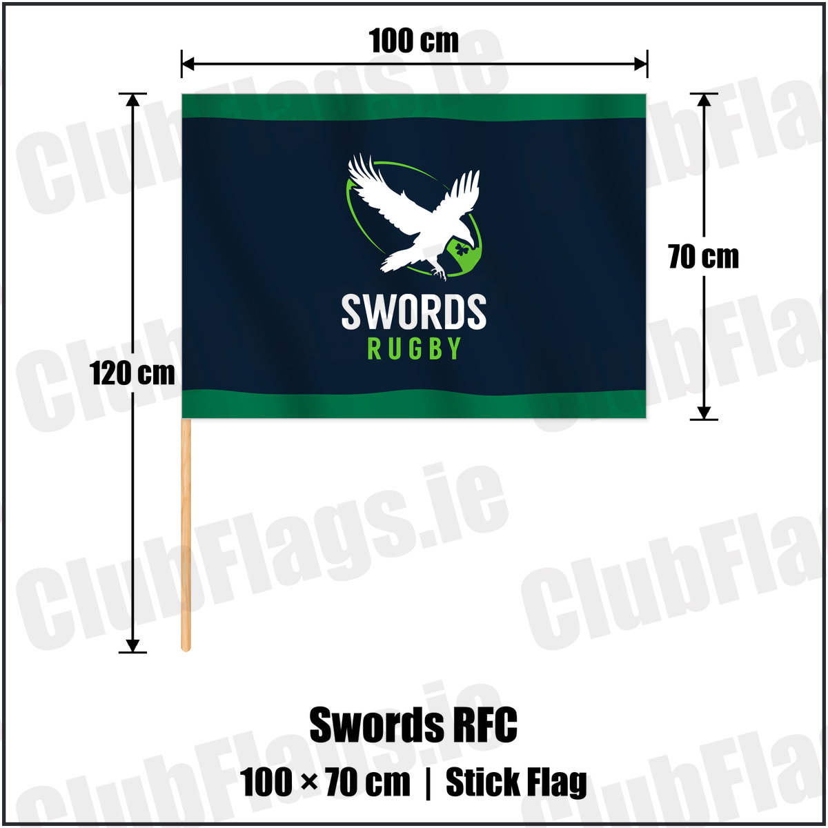 Swords RFC 70cm x 100cm Stick Flag with the club crest and colours, Dublin Rugby - ClubFlags.ie