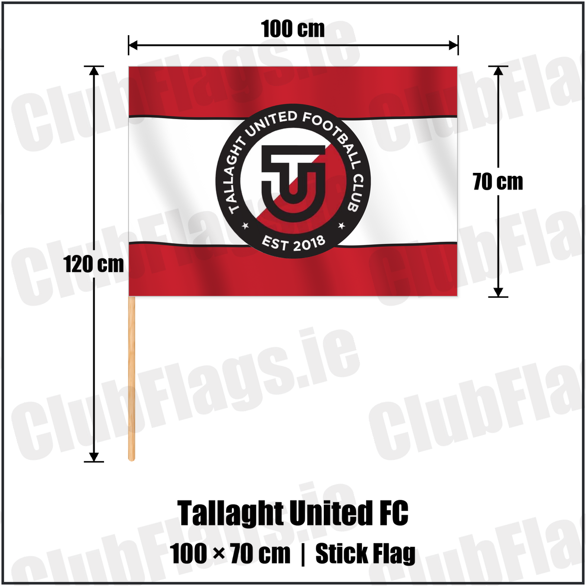 Tallaght United FC 70cm x 100cm Stick Flag with the club crest and colours, Dublin Football - ClubFlags.ie