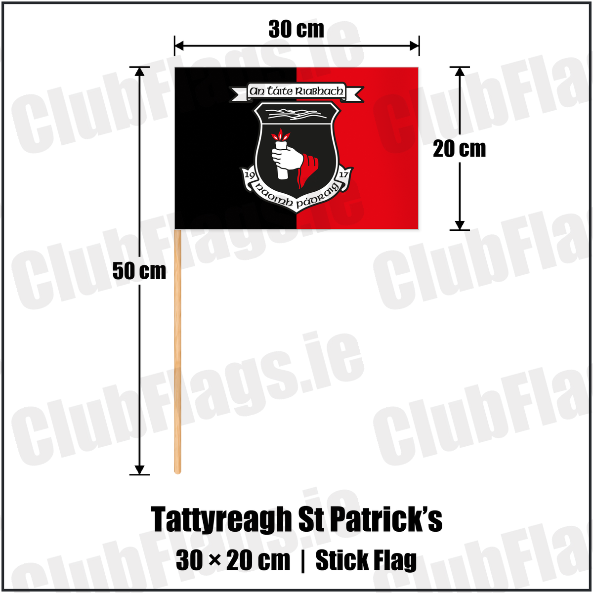Tattyreagh St Patrick’s 20cm x 30cm Stick Flag with the club crest and colours, Tyrone GAA - ClubFlags.ie