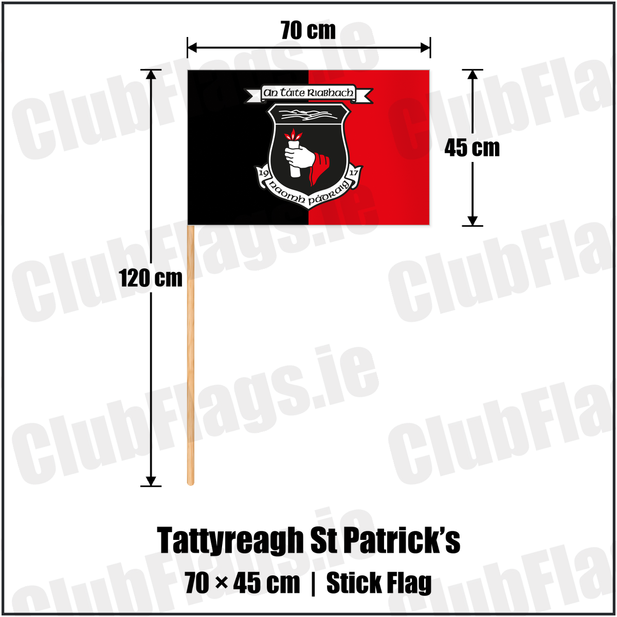 Tattyreagh St Patrick’s 45cm x 70cm Stick Flag with the club crest and colours, Tyrone GAA - ClubFlags.ie