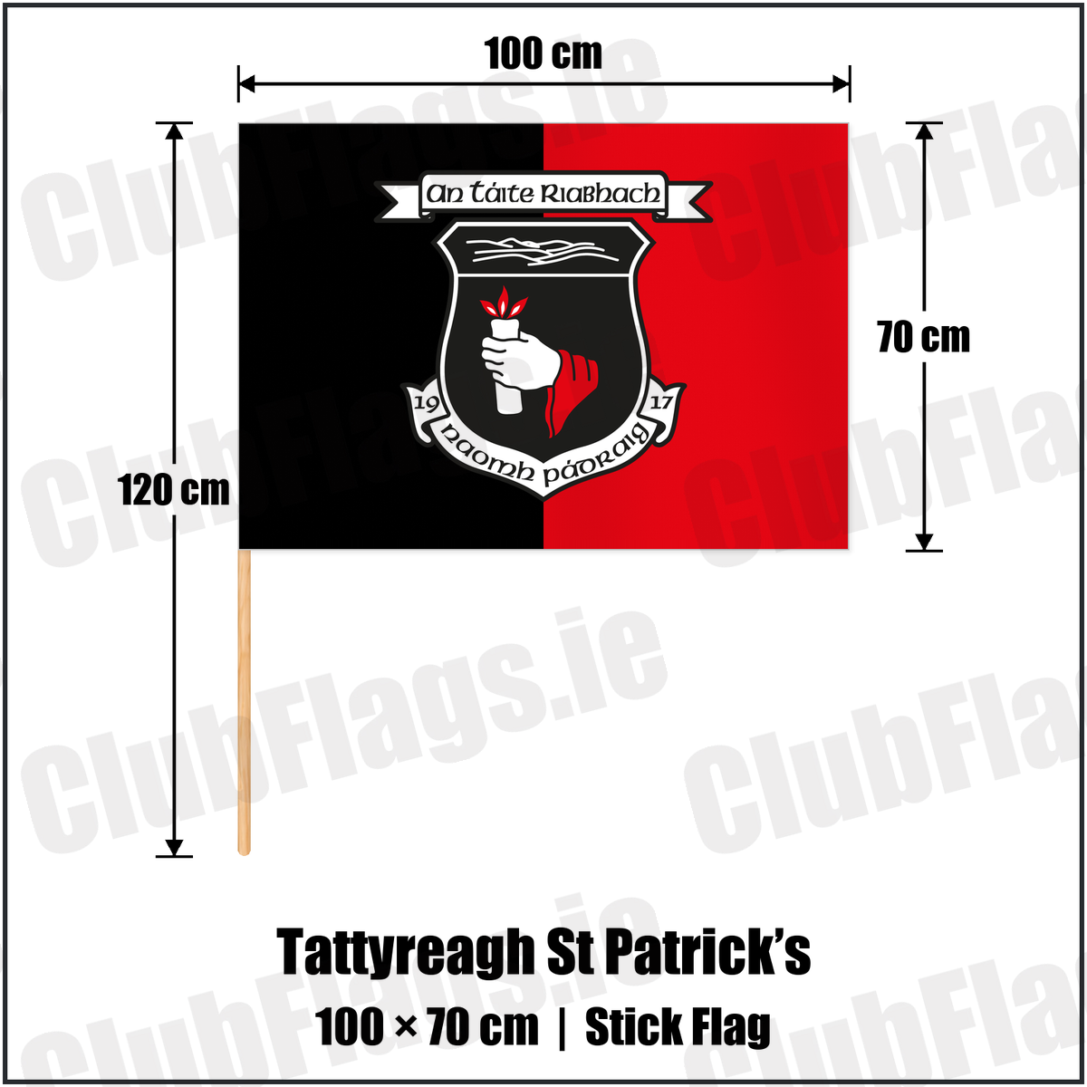 Tattyreagh St Patrick’s 70cm x 100cm Stick Flag with the club crest and colours, Tyrone GAA - ClubFlags.ie