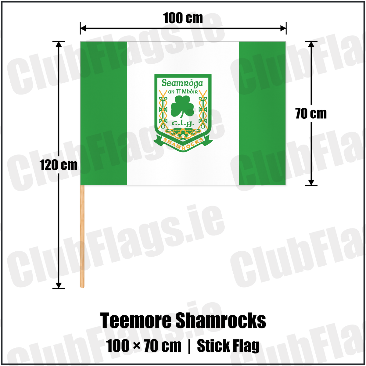 Teemore Shamrocks 70cm x 100cm Stick Flag with the club crest and colours, Fermanagh GAA - ClubFlags.ie