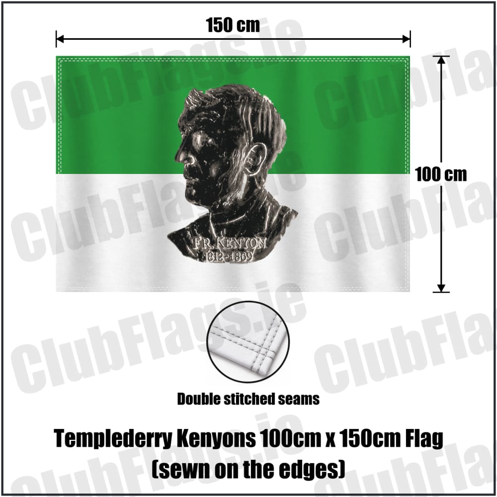 Templederry Kenyons 100cm x 150cm Flag (sewn on the edges) in green and white, featuring the club crest on realistic fabric with gentle vertical folds; County Tipperary GAA. ClubFlags.ie.