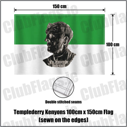 Templederry Kenyons 100cm x 150cm Flag (sewn on the edges) in green and white, featuring the club crest on realistic fabric with gentle vertical folds; County Tipperary GAA. ClubFlags.ie.