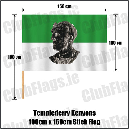 Templederry Kenyons 100cm x 150cm Stick Flag in green and white, featuring the club crest on realistic fabric with gentle vertical folds; County Tipperary GAA. ClubFlags.ie.