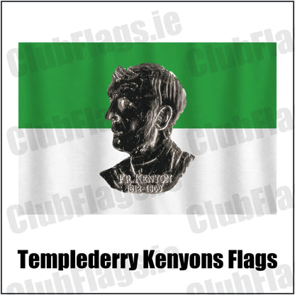 Templederry Kenyons Flags in green and white, featuring the club crest on realistic fabric with gentle vertical folds; County Tipperary GAA. ClubFlags.ie.