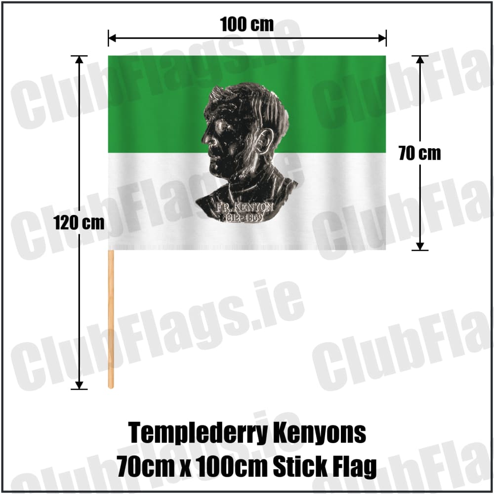 Templederry Kenyons 70cm x 100cm Stick Flag in green and white, featuring the club crest on realistic fabric with gentle vertical folds; County Tipperary GAA. ClubFlags.ie.