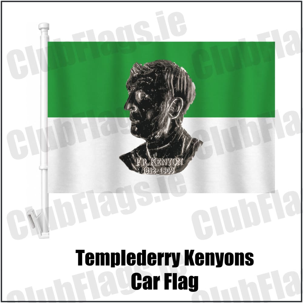 Templederry Kenyons Car Flag in green and white, featuring the club crest on realistic fabric with gentle vertical folds; County Tipperary GAA. ClubFlags.ie.