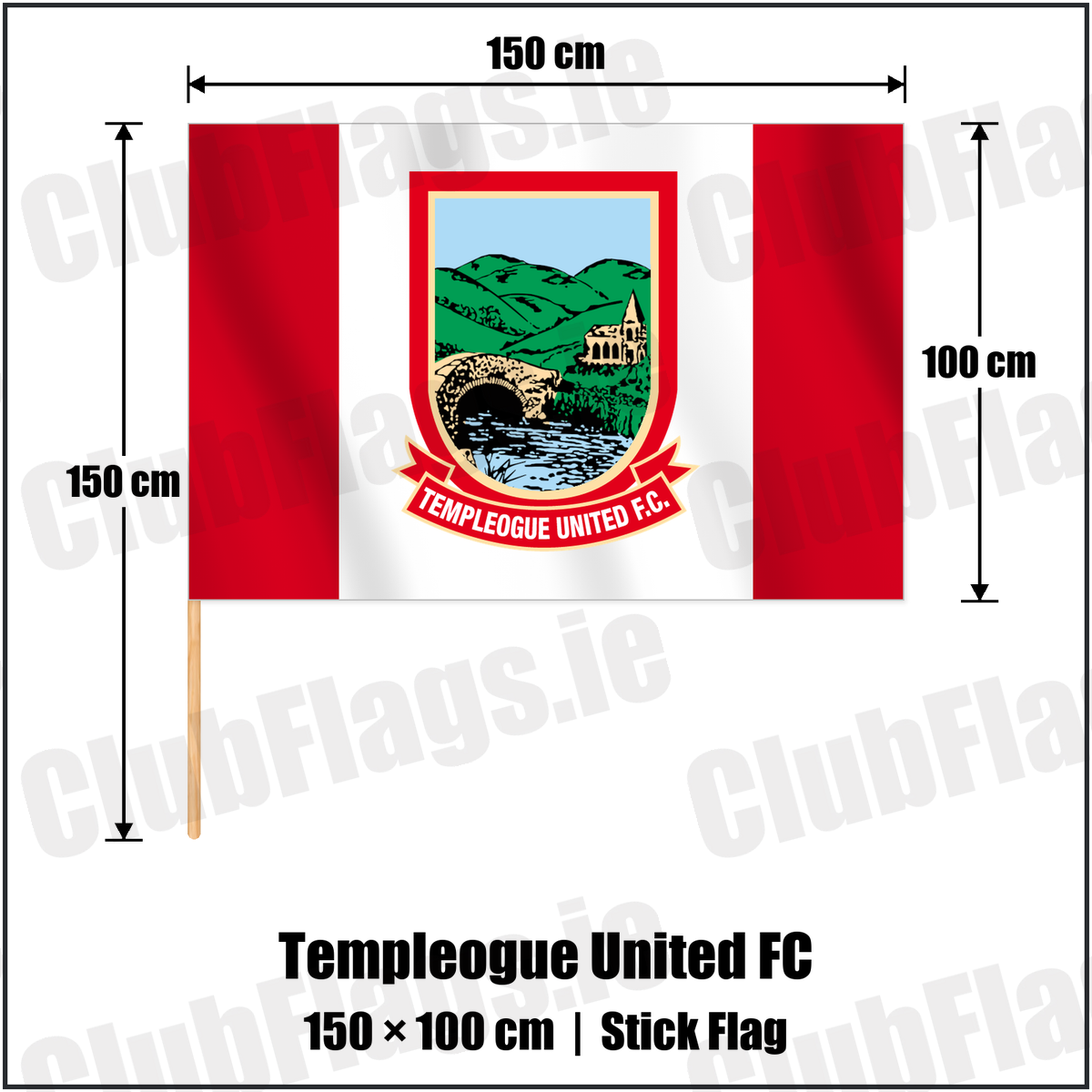 Templeogue United FC 100cm x 150cm Stick Flag with the club crest and colours, Dublin Football - ClubFlags.ie