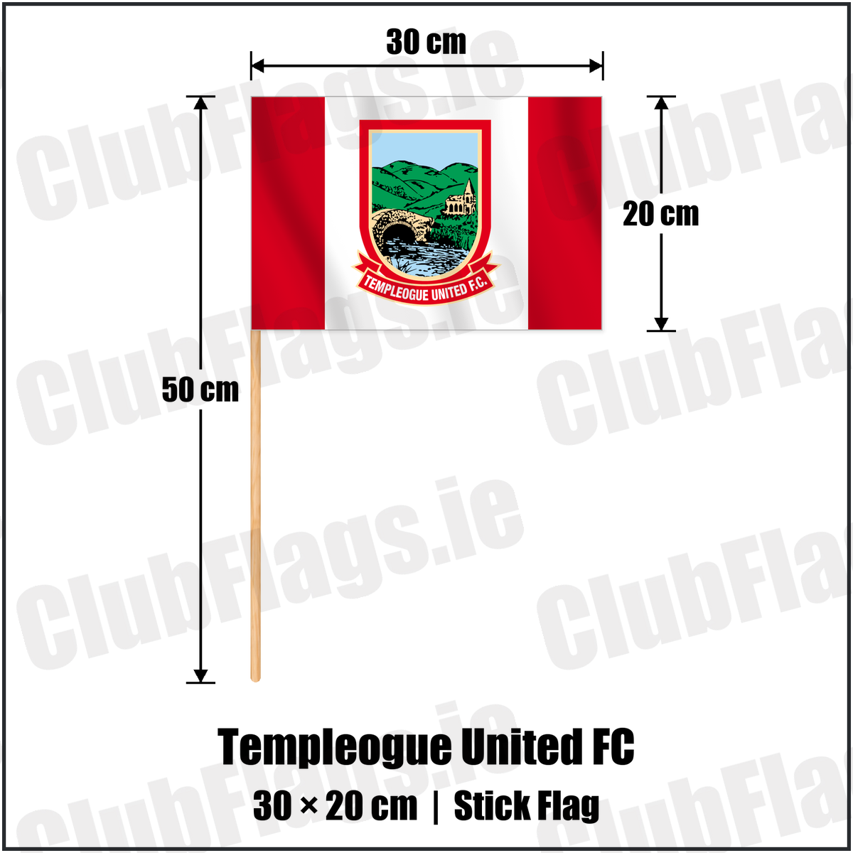 Templeogue United FC 20cm x 30cm Stick Flag with the club crest and colours, Dublin Football - ClubFlags.ie