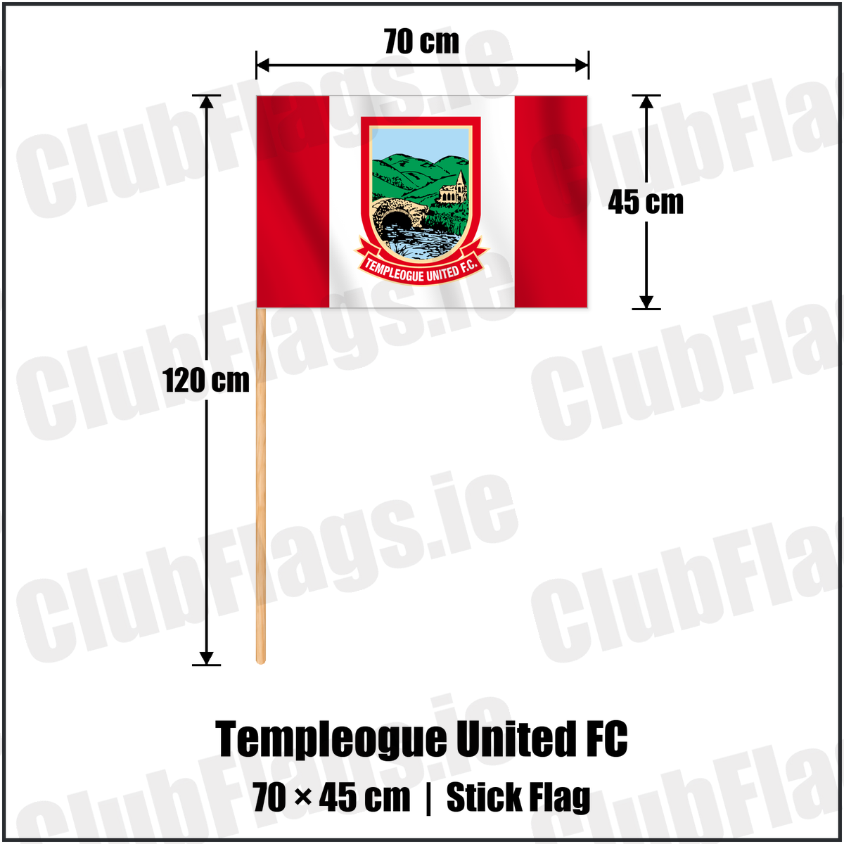 Templeogue United FC 45cm x 70cm Stick Flag with the club crest and colours, Dublin Football - ClubFlags.ie
