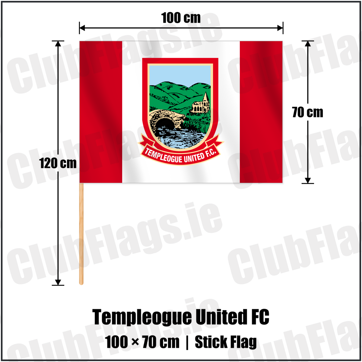 Templeogue United FC 70cm x 100cm Stick Flag with the club crest and colours, Dublin Football - ClubFlags.ie