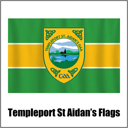 Templeport St Aidan’s Flags, featuring the club crest and green and gold colours; County Cavan GAA. ClubFlags.ie.