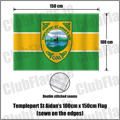Templeport St Aidan’s 100cm x 150cm Flag (sewn on the edges) in green and gold, featuring the club crest on realistic fabric with gentle vertical folds; County Cavan GAA. ClubFlags.ie.