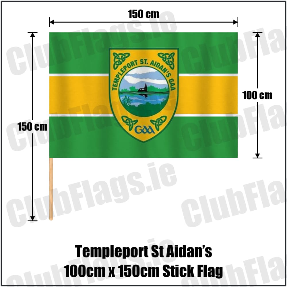 Templeport St Aidan’s 100cm x 150cm Stick Flag in green and gold, featuring the club crest on realistic fabric with gentle vertical folds; County Cavan GAA. ClubFlags.ie.
