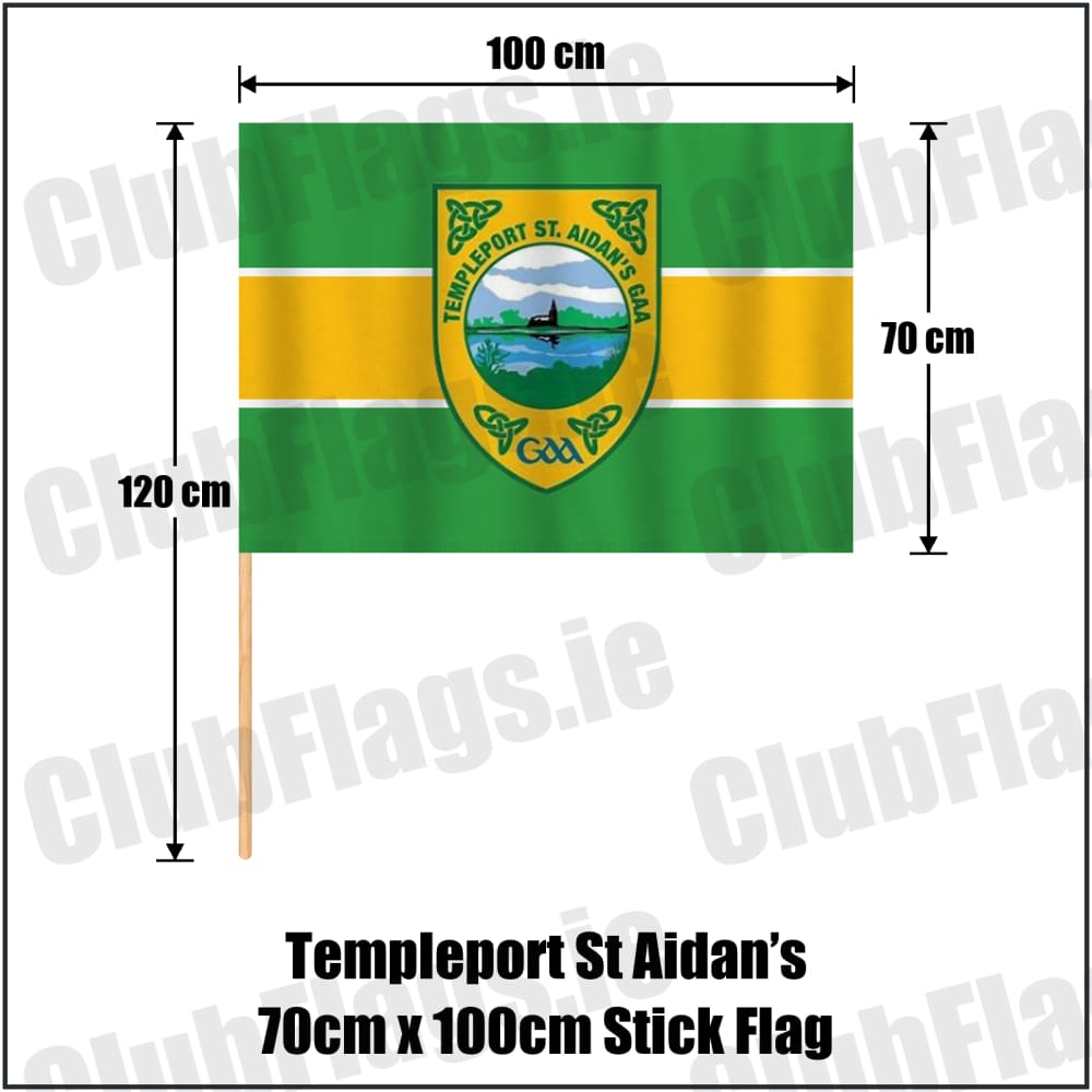 Templeport St Aidan’s 70cm x 100cm Stick Flag in green and gold, featuring the club crest on realistic fabric with gentle vertical folds; County Cavan GAA. ClubFlags.ie.