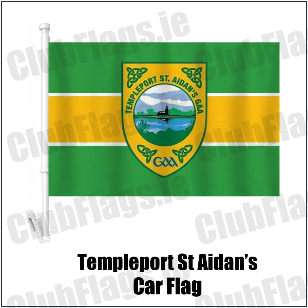 Templeport St Aidan’s Car Flag in green and gold, featuring the club crest on realistic fabric with gentle vertical folds; County Cavan GAA. ClubFlags.ie.