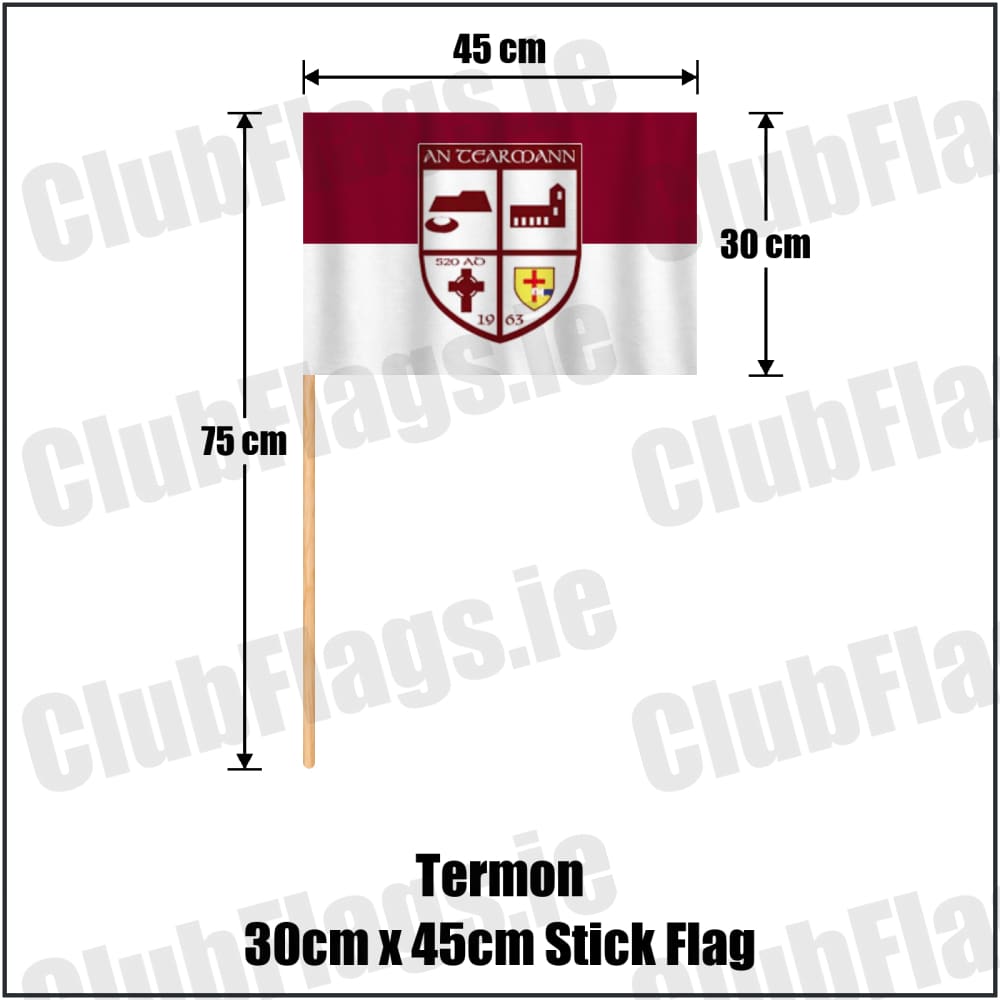 Termon 30cm x 45cm Stick Flag in maroon and white, featuring the club crest on realistic fabric with gentle vertical folds; County Donegal GAA. ClubFlags.ie.