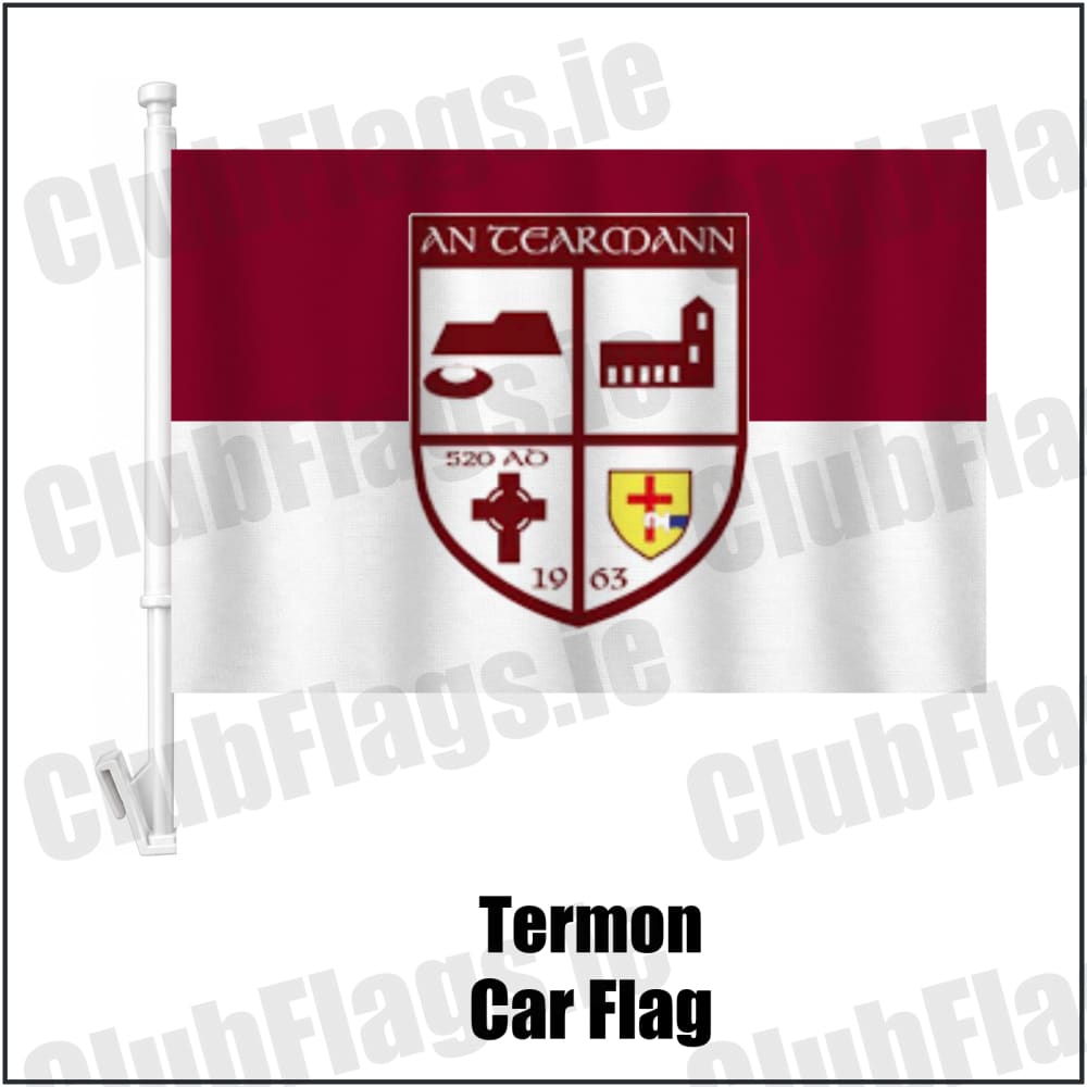 Termon Car Flag in maroon and white, featuring the club crest on realistic fabric with gentle vertical folds; County Donegal GAA. ClubFlags.ie.