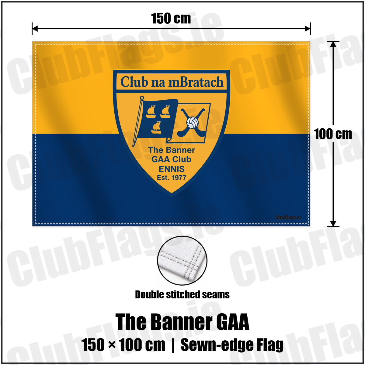 The Banner GAA 100cm x 150cm Flag (sewn on the edges) with the verified club crest and colours, Clare GAA - ClubFlags.ie