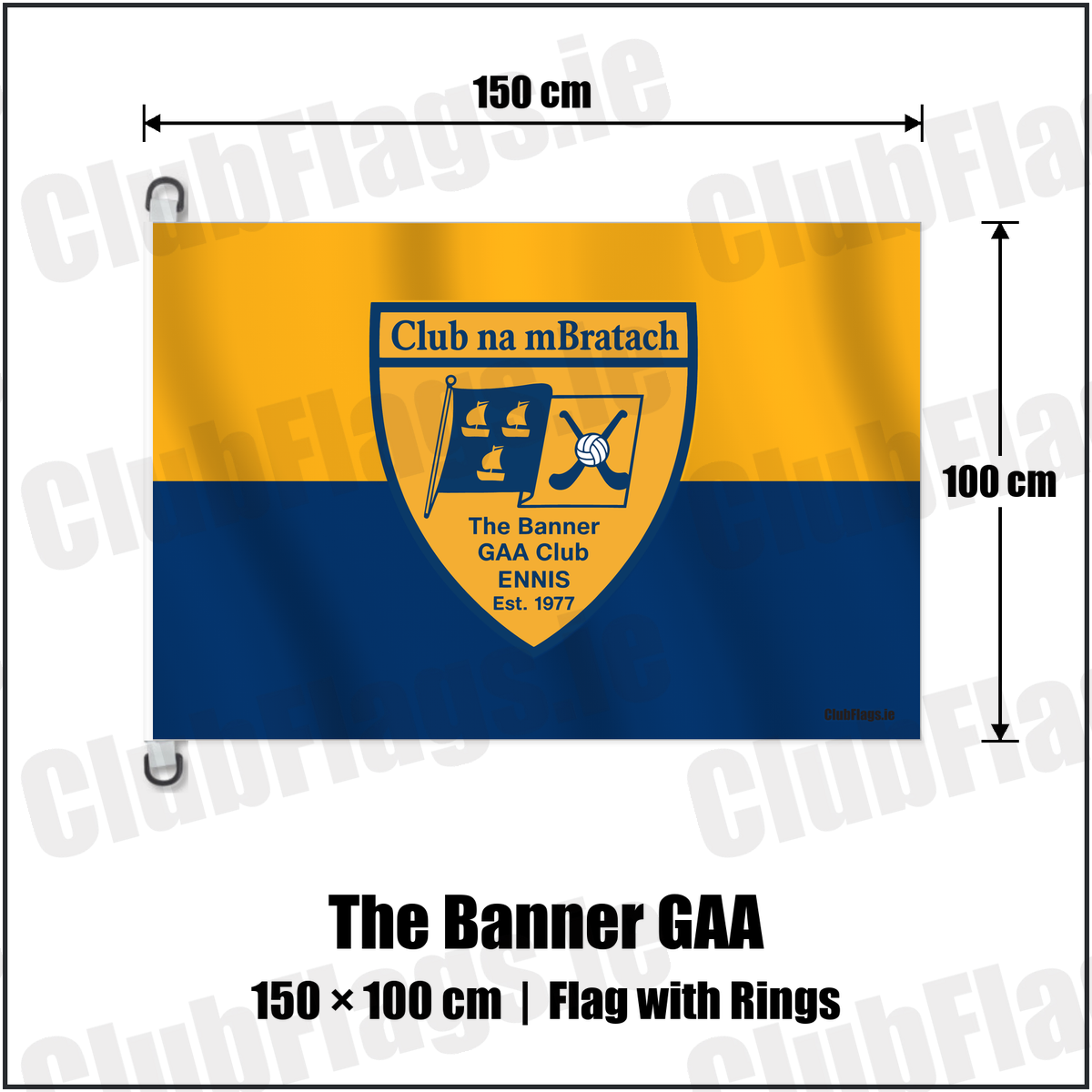 The Banner GAA 150cm x 100cm Flag Pole Flag with Rings with the verified club crest and colours, Clare GAA - ClubFlags.ie