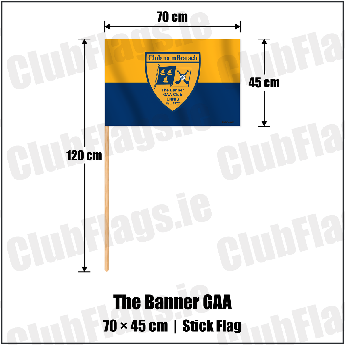 The Banner GAA 45cm x 70cm Stick Flag with the verified club crest and colours, Clare GAA - ClubFlags.ie