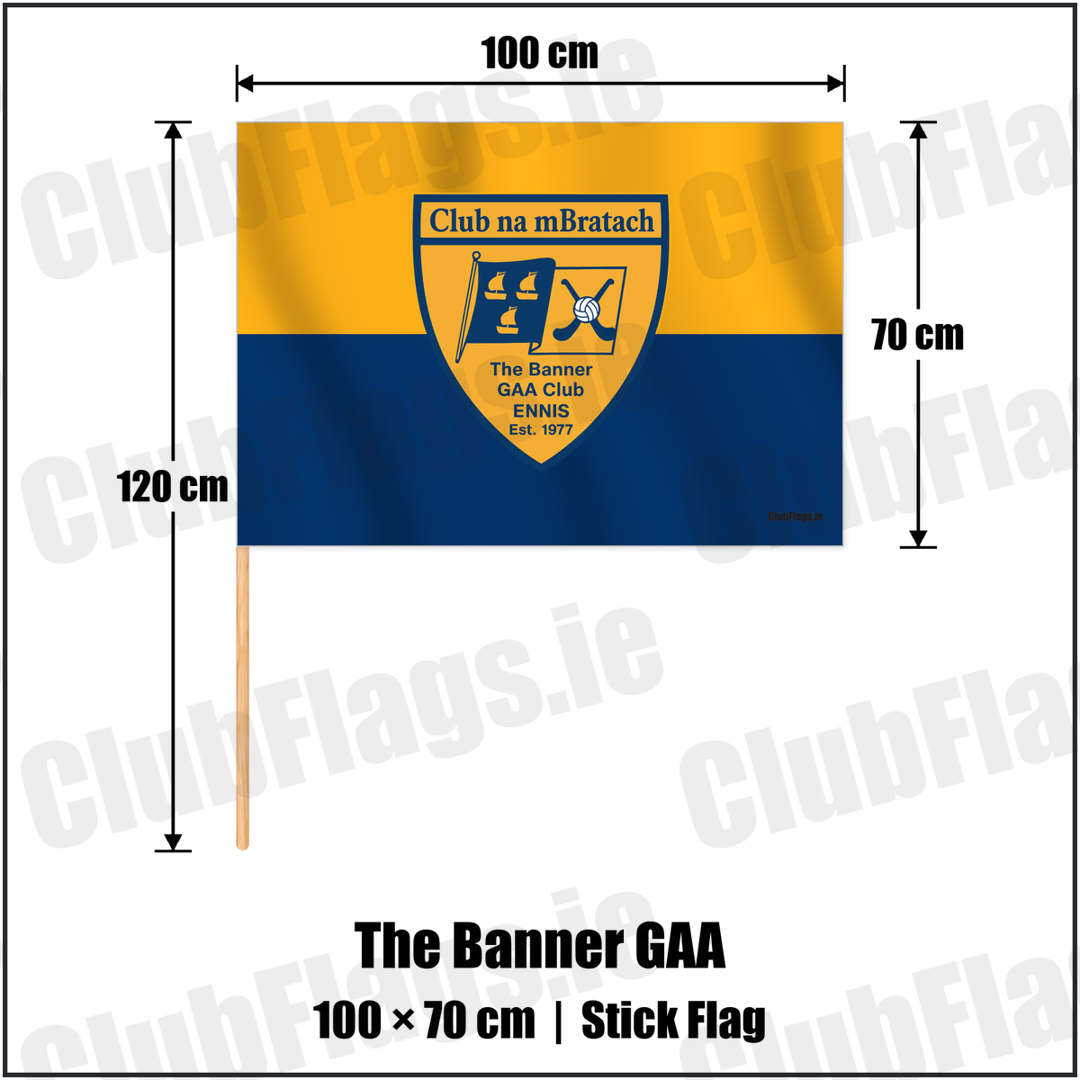 The Banner GAA 70cm x 100cm Stick Flag with the verified club crest and colours, Clare GAA - ClubFlags.ie