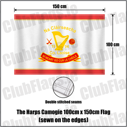 The Harps Camogie 100cm x 150cm Flag (sewn on the edges), featuring the club crest and red and gold colours; County Laois Camogie. ClubFlags.ie.