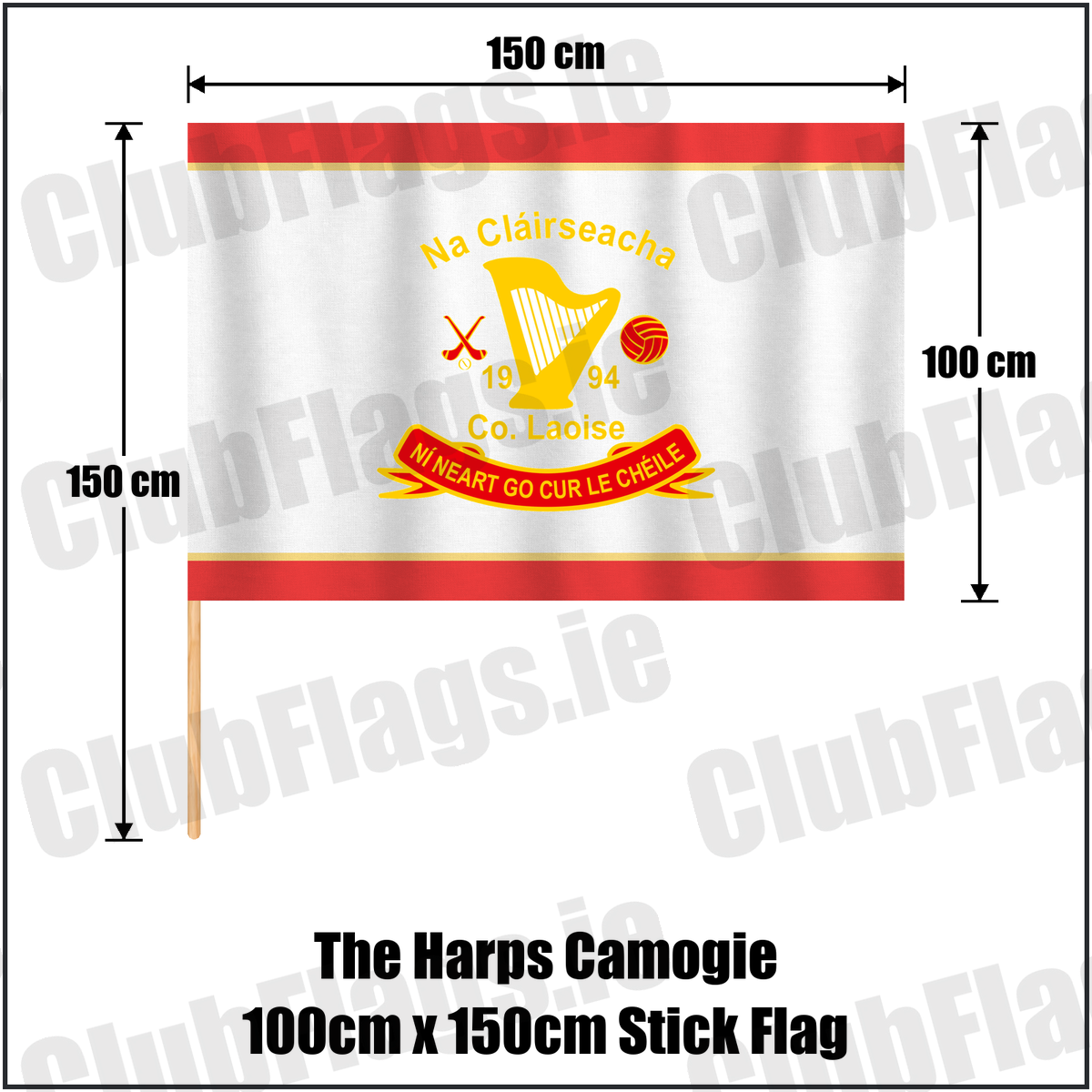 The Harps Camogie 100cm x 150cm Stick Flag, featuring the club crest and red and gold colours; County Laois Camogie. ClubFlags.ie.