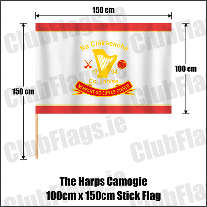 The Harps Camogie 100cm x 150cm Stick Flag, featuring the club crest and red and gold colours; County Laois Camogie. ClubFlags.ie.