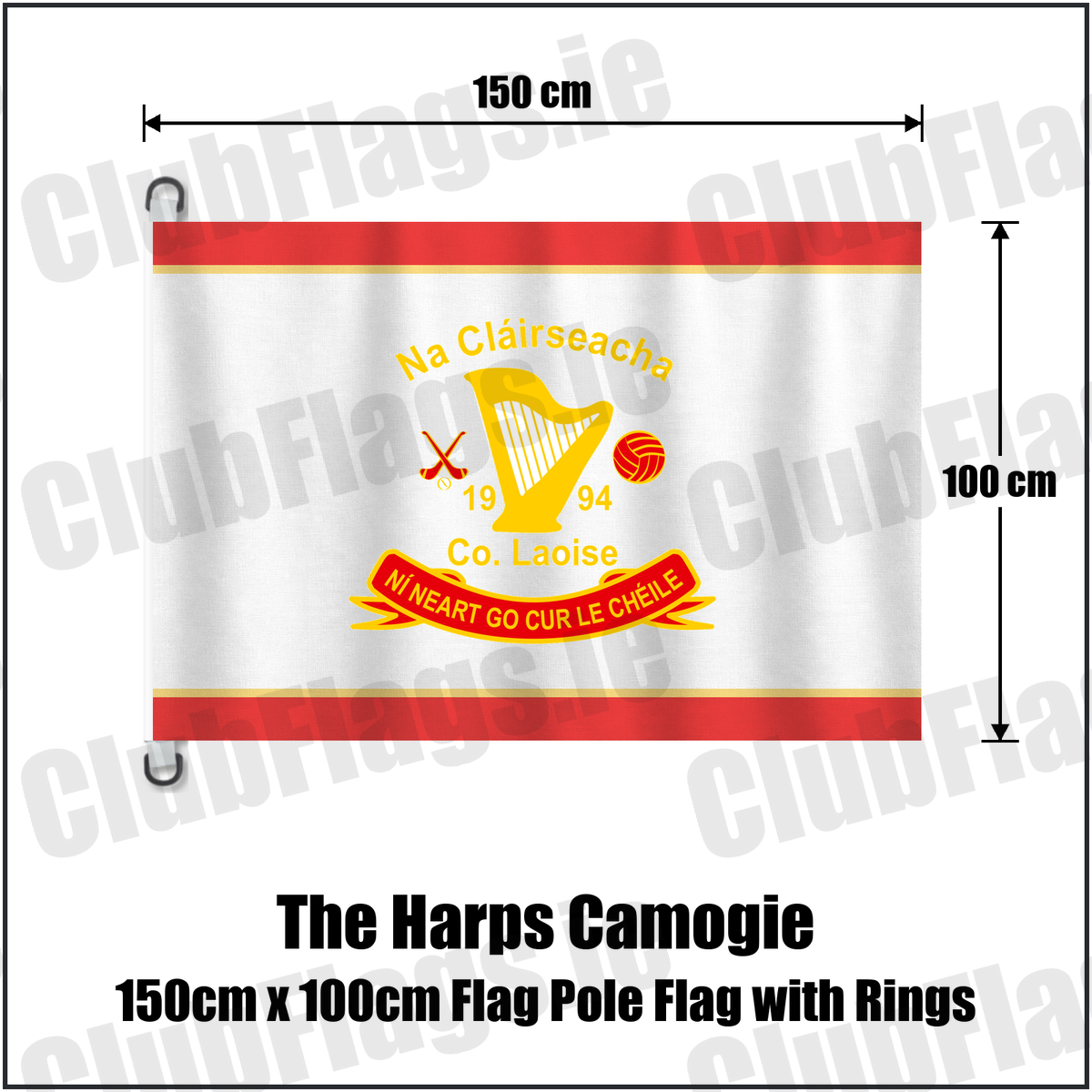 The Harps Camogie 150cm x 100cm Flag Pole Flag with Rings, featuring the club crest and red and gold colours; County Laois Camogie. ClubFlags.ie.