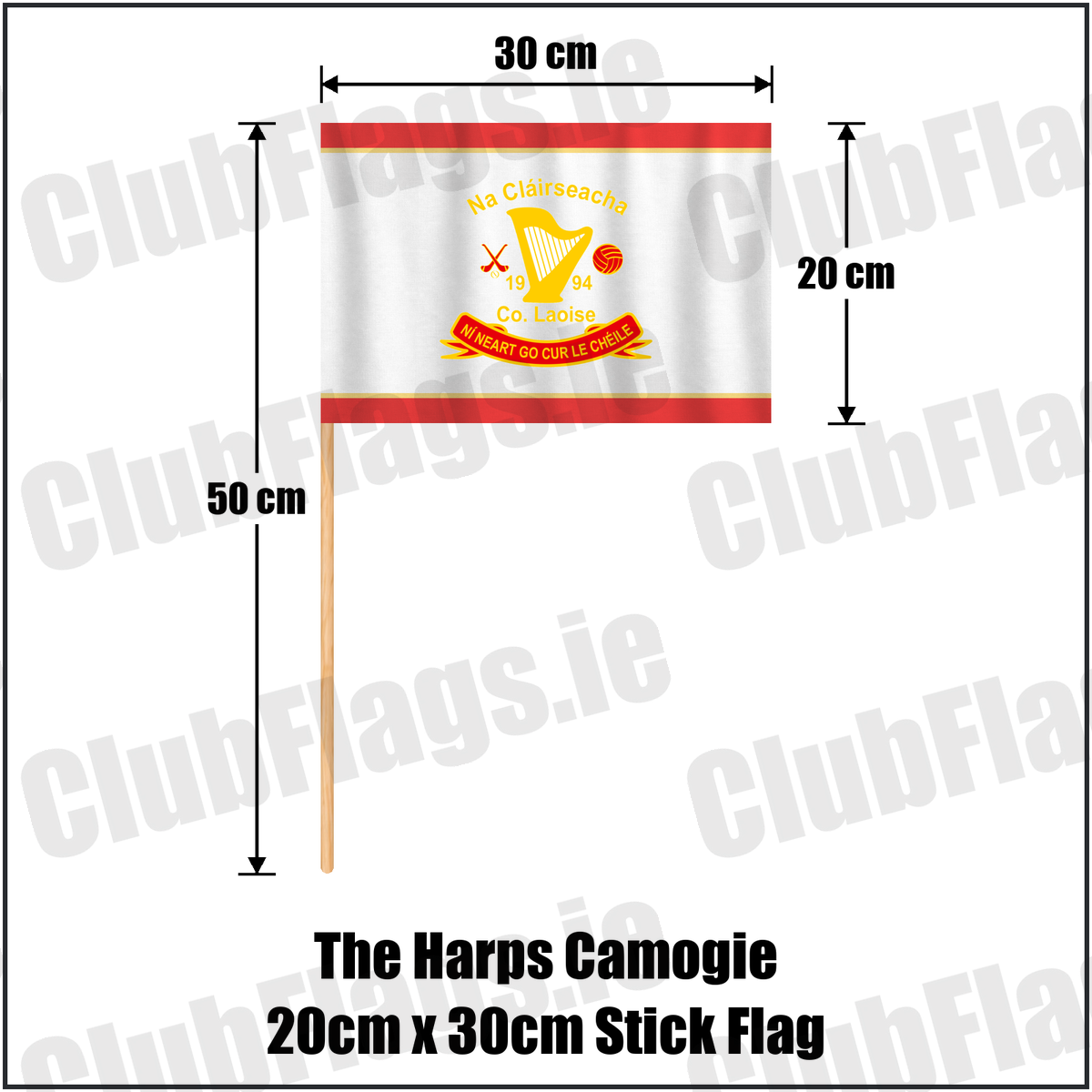 The Harps Camogie 20cm x 30cm Stick Flag, featuring the club crest and red and gold colours; County Laois Camogie. ClubFlags.ie.